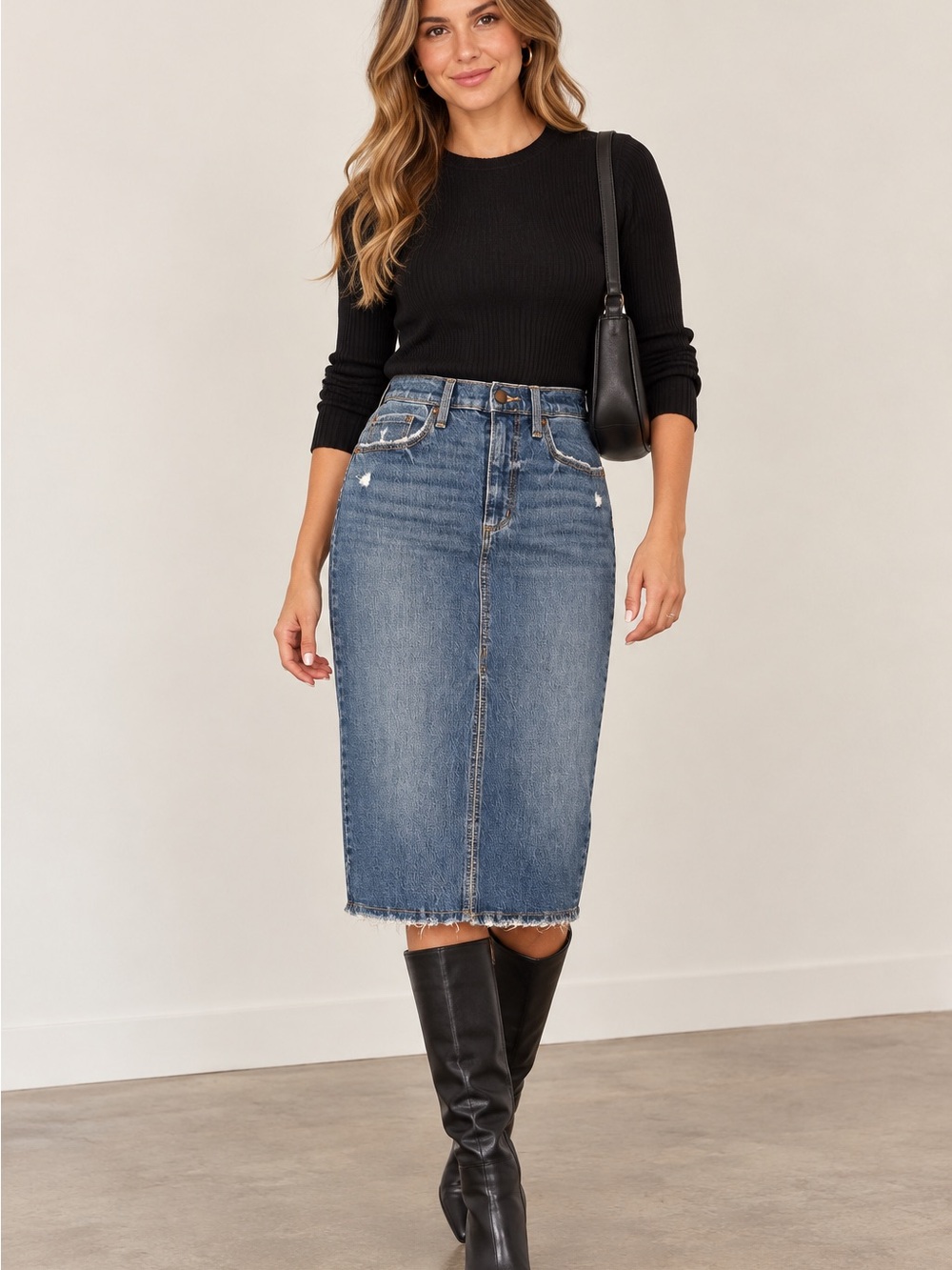 Universal Thread Blue Denim Frayed-Hem Pencil Skirt 99% cotton
